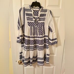 Bohemian White and Blue Patterned Dress/ Cover up